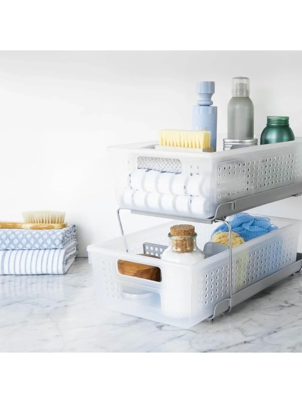 New 2 Tier Under Sink Bath Organizer Pull-Out Baskets Adjustable Dividers